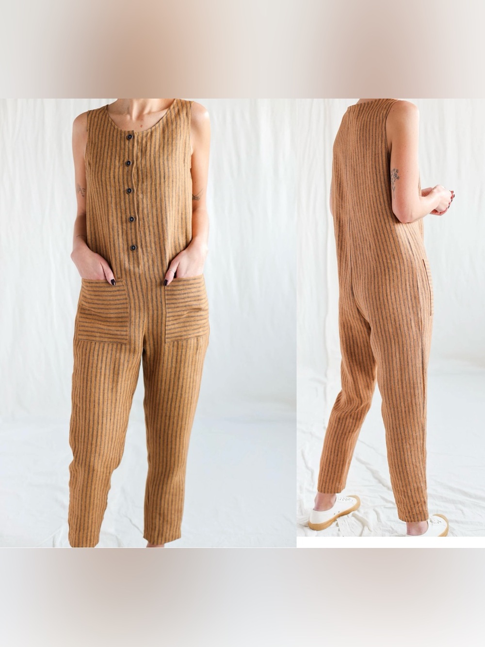 OffOn Sleeveless Striped Linen Jumpsuit Romper Lagenlook Brown Medium Large